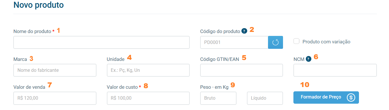 Tela de cadastro de produtos