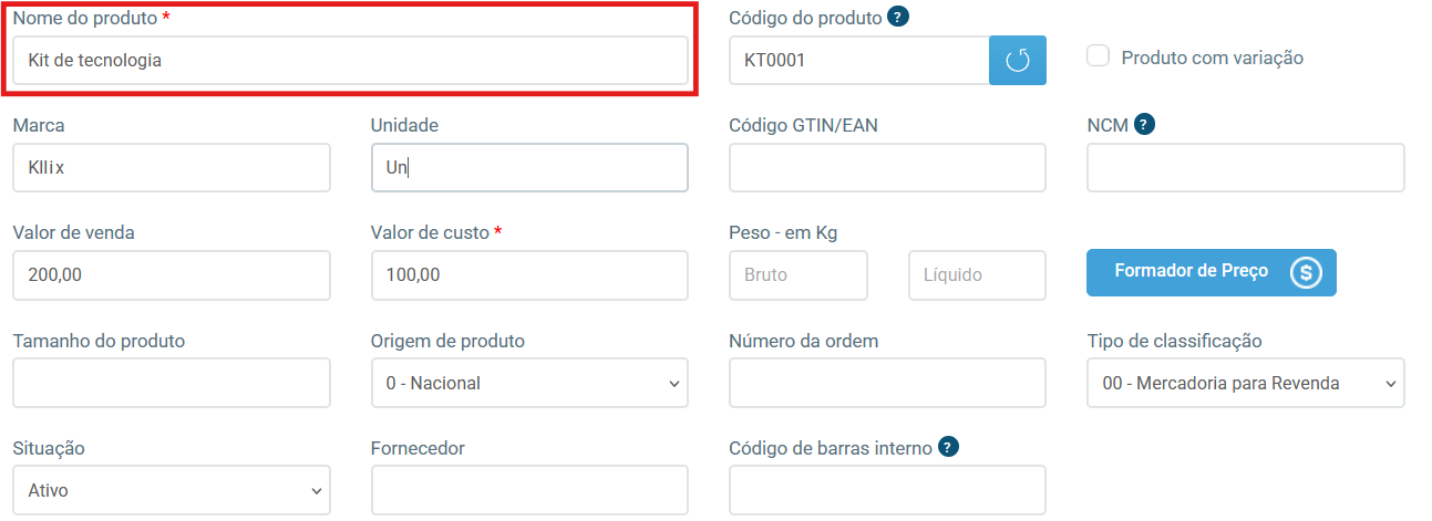 Opção para criar kit
