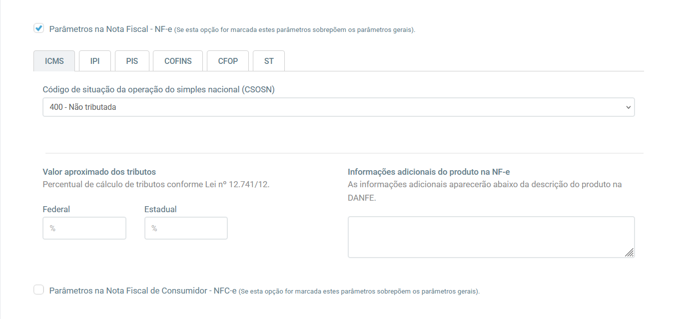 Parâmetros fiscais detalhados