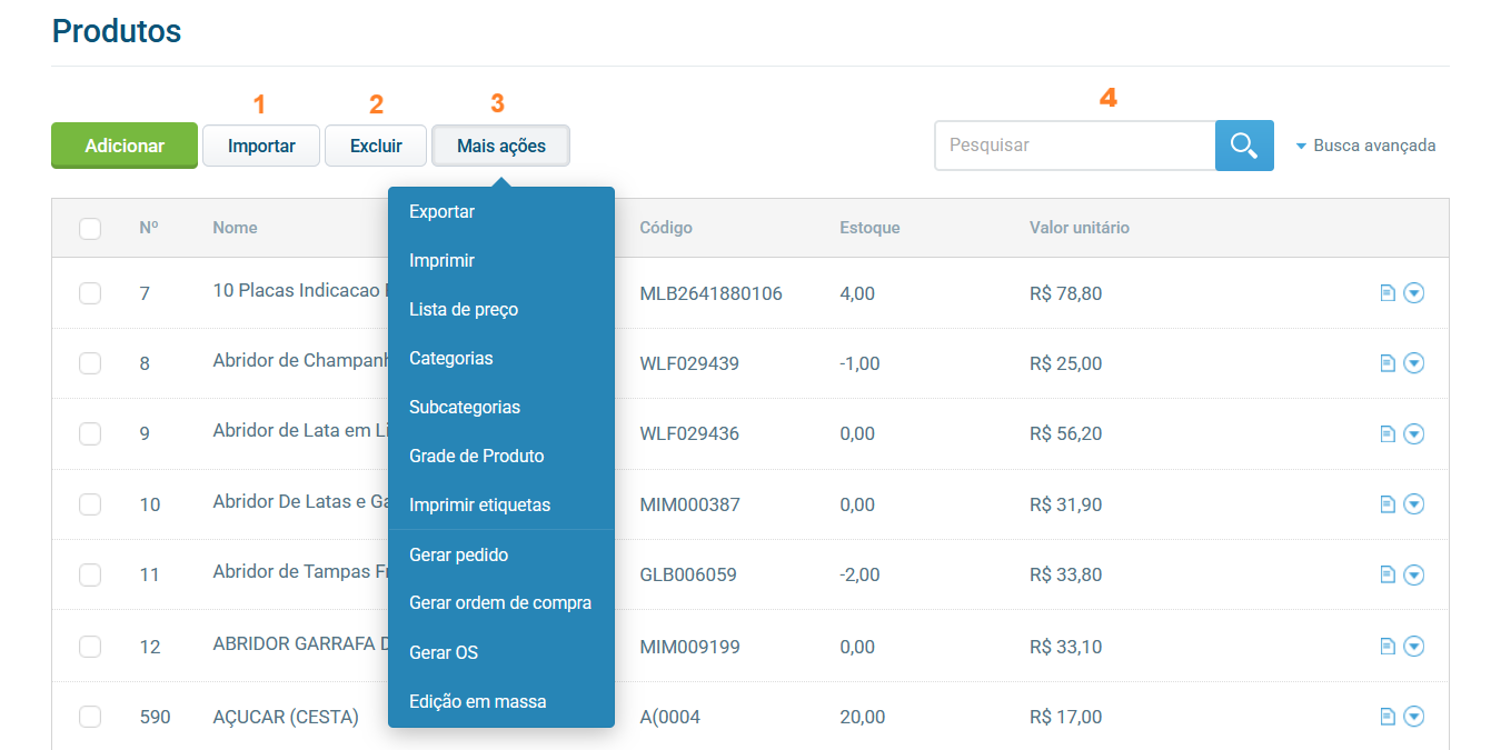 Interface de gerenciamento de produtos