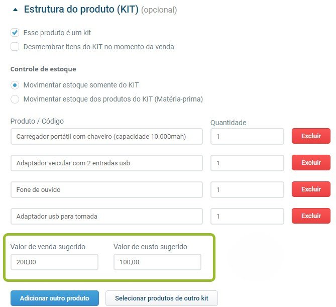 Sugestão de preço para kit