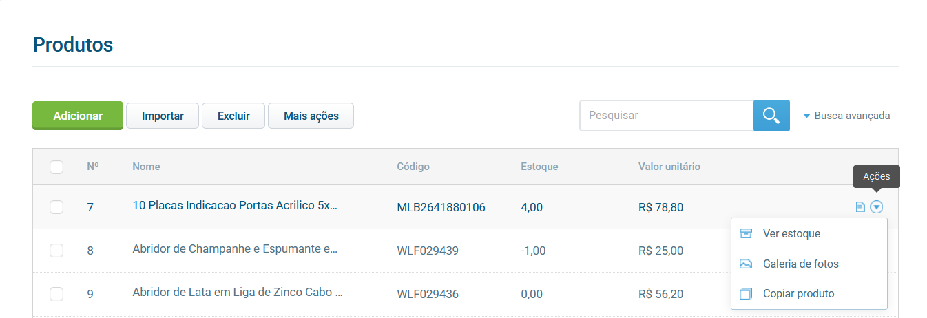 Ícones de ações para produtos