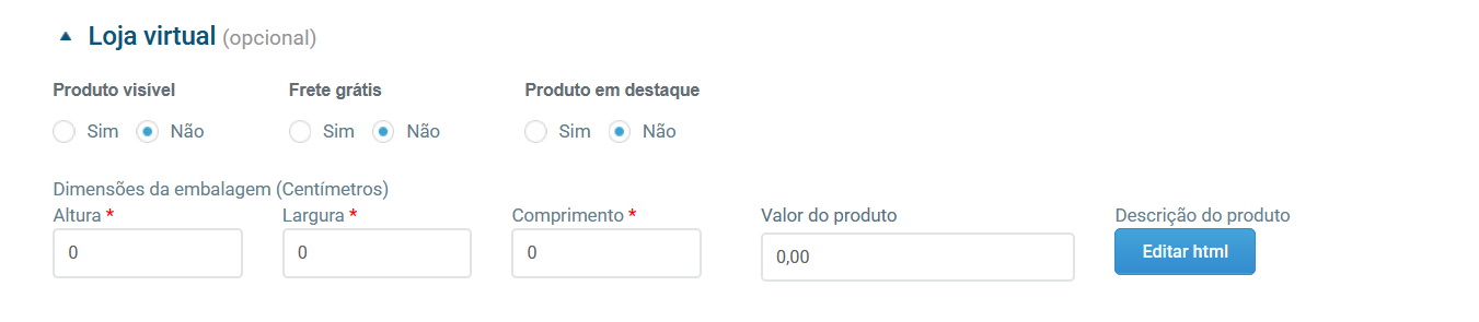 Configurações de loja virtual
