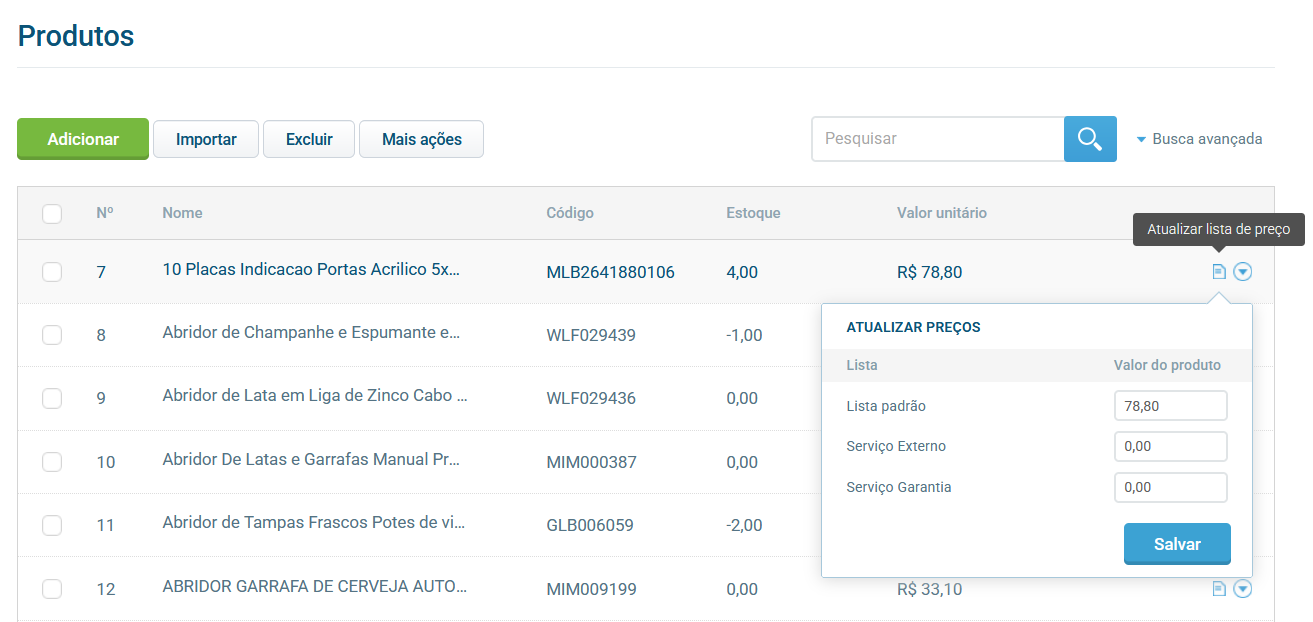 Atualização de lista de preços