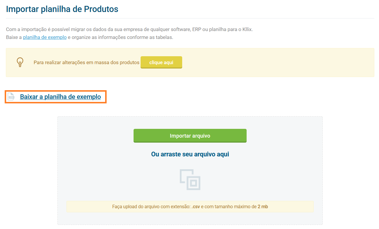Tela de download da planilha modelo