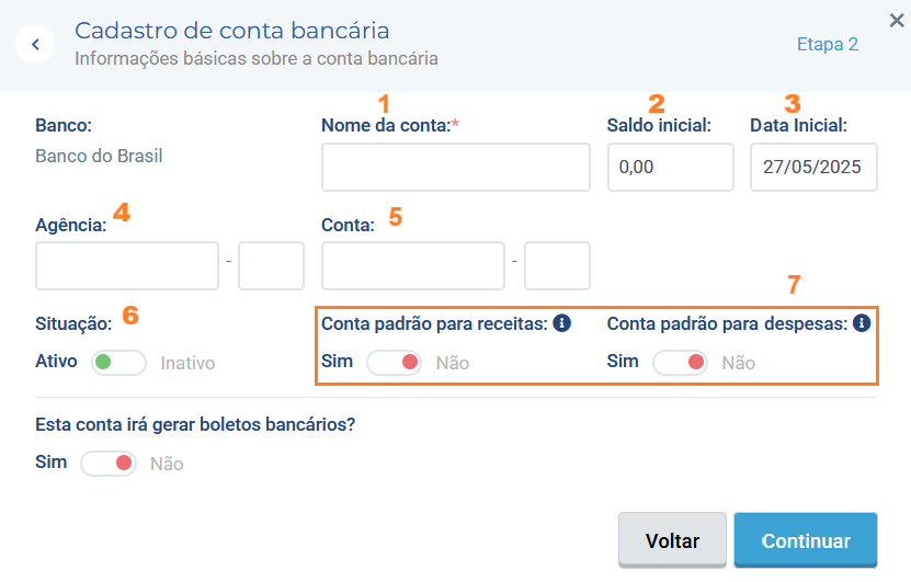 Tela de cadastro de conta bancária