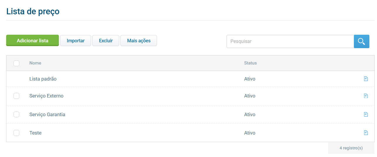 Tela de adição de lista de preço