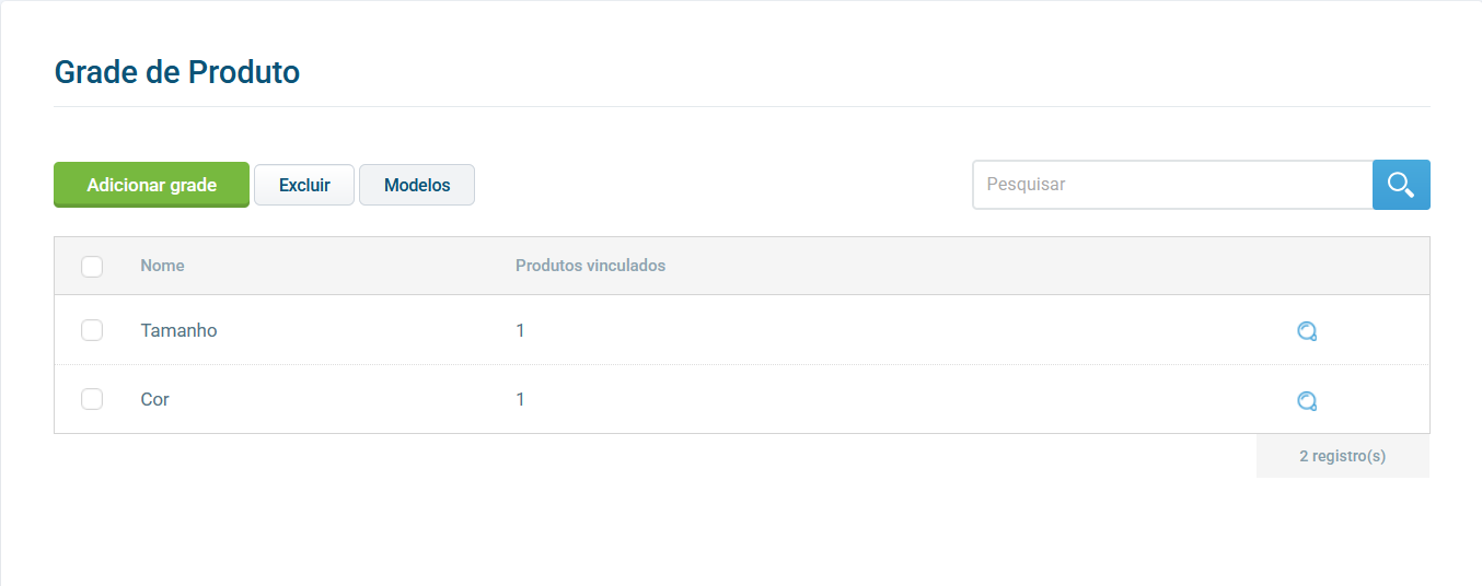 Tela de cadastro de grades