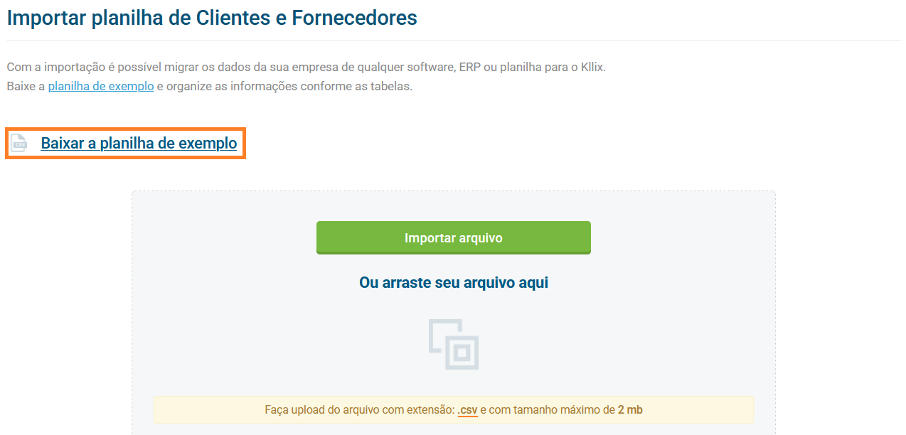 Tela de download da planilha