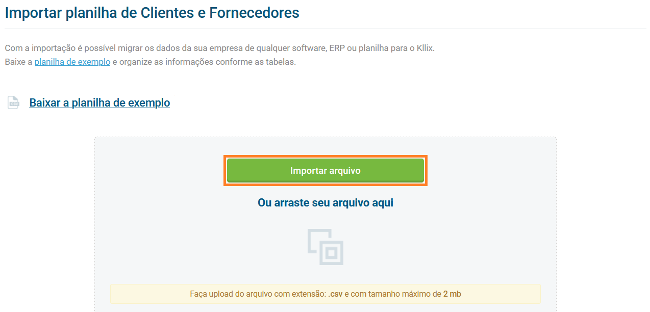 Tela de importação de planilha