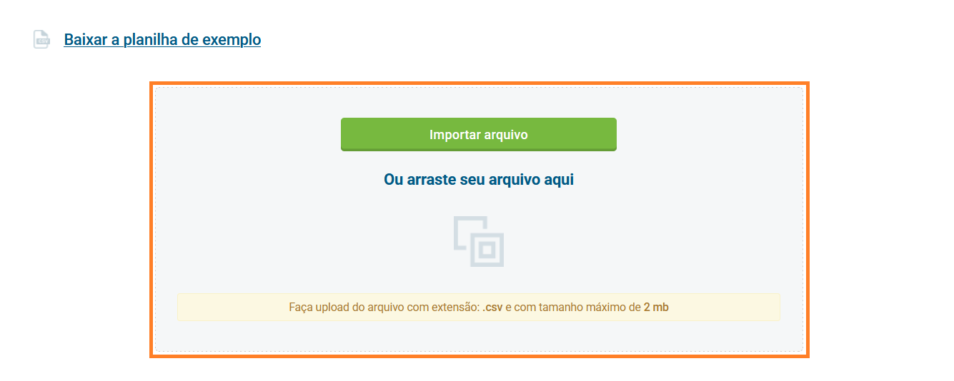 Tela de importação de arquivo