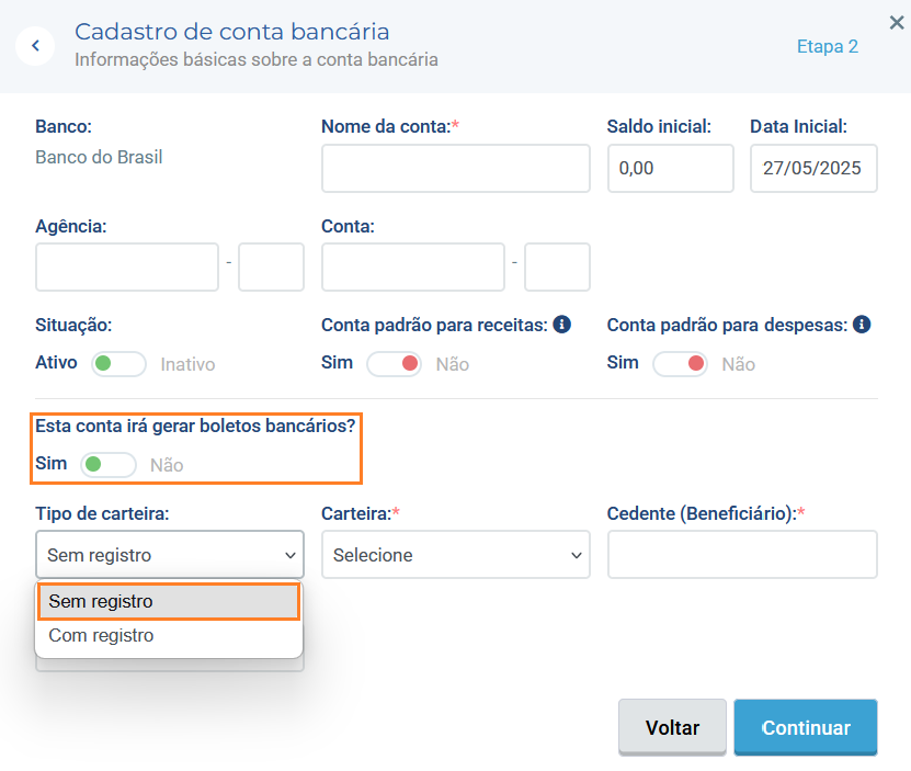 Tela de configuração de boleto sem registro