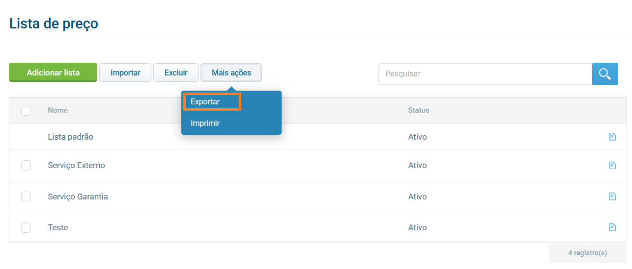 Menu de exportação de lista de preço