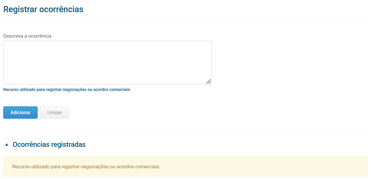 Tela de registro de ocorrências