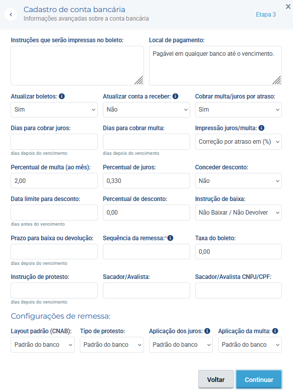 Tela de informações avançadas