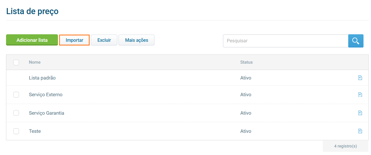 Botão de importação de lista de preço