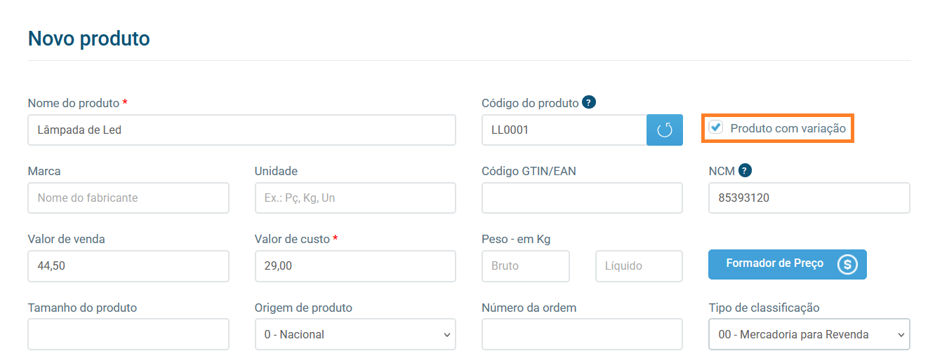 Tela de cadastro de produto com variação