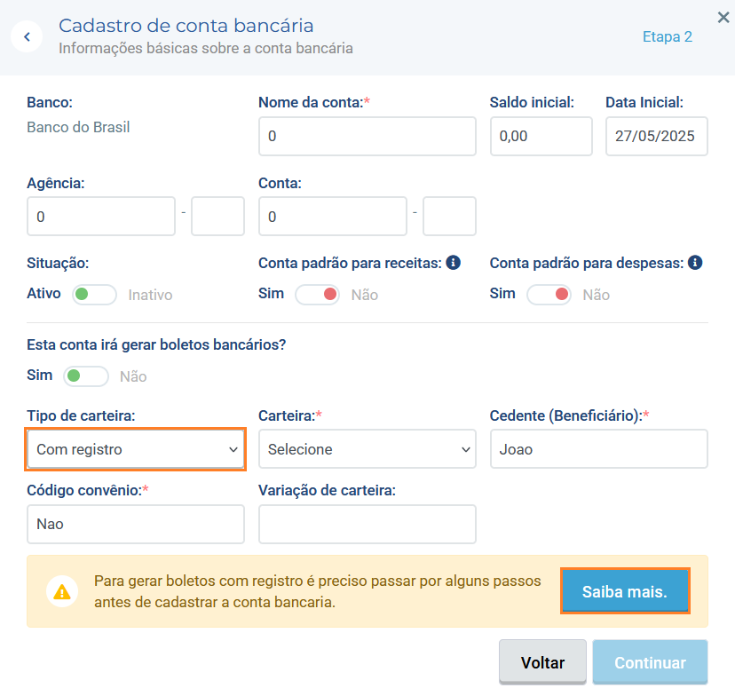 Tela de seleção de boleto com registro