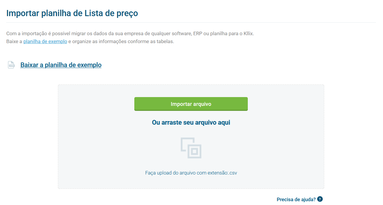 Tela de importação de lista de preço