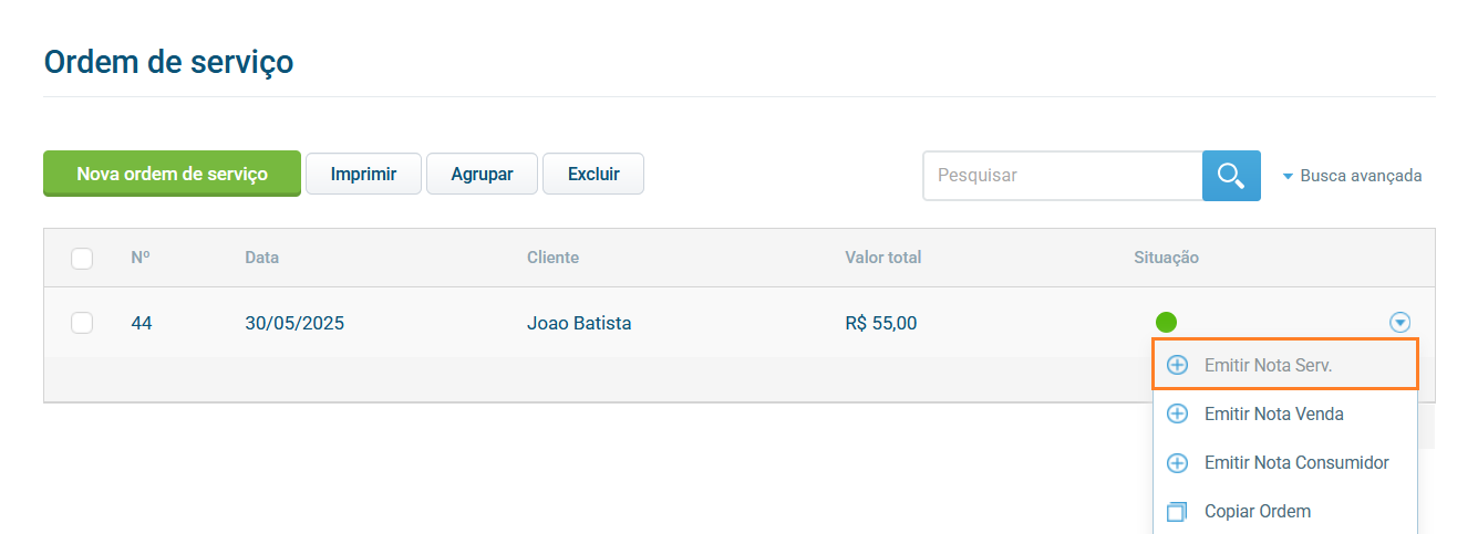 Tela de emissão de NFS-e