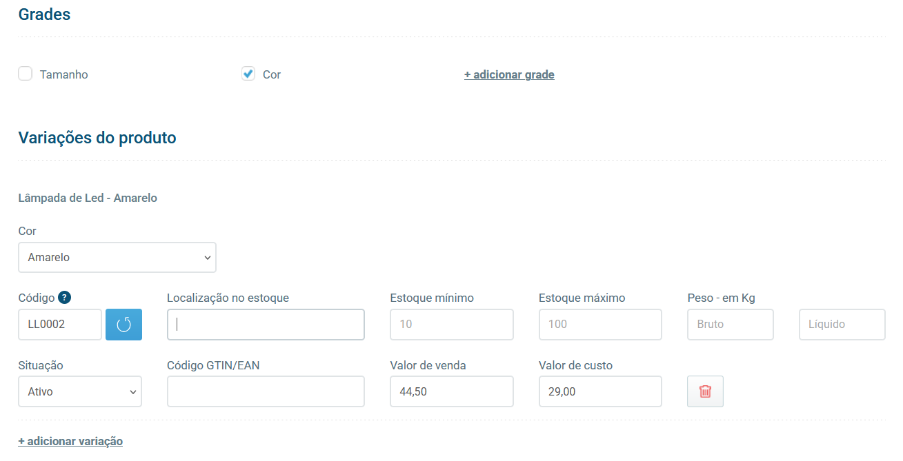 Seção de grades no cadastro
