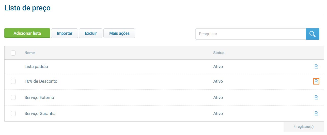 Tela de lista de preços