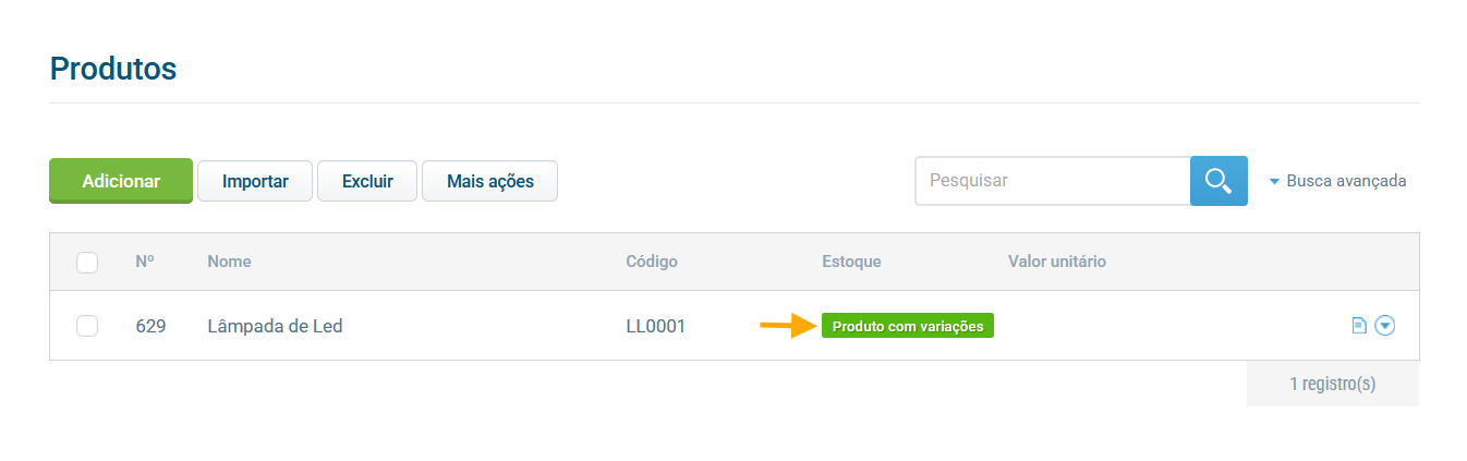Produto salvo com variações