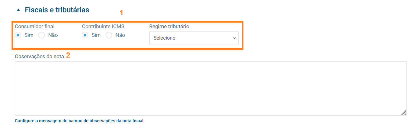 Tela de informações fiscais