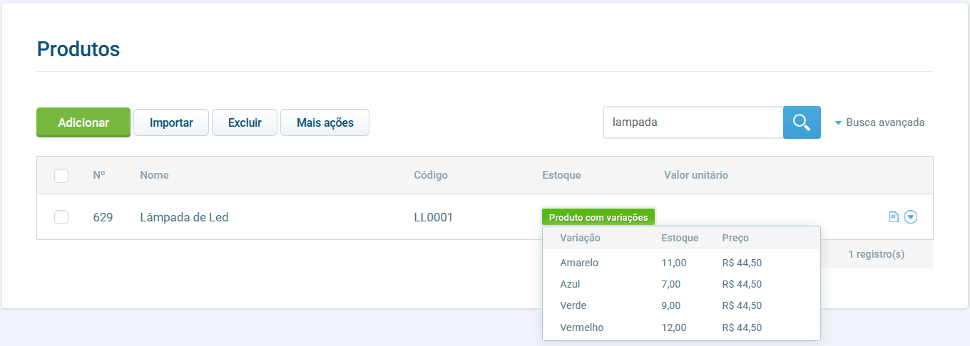 Visualização de estoque por variação