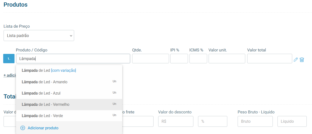 Variações durante a venda