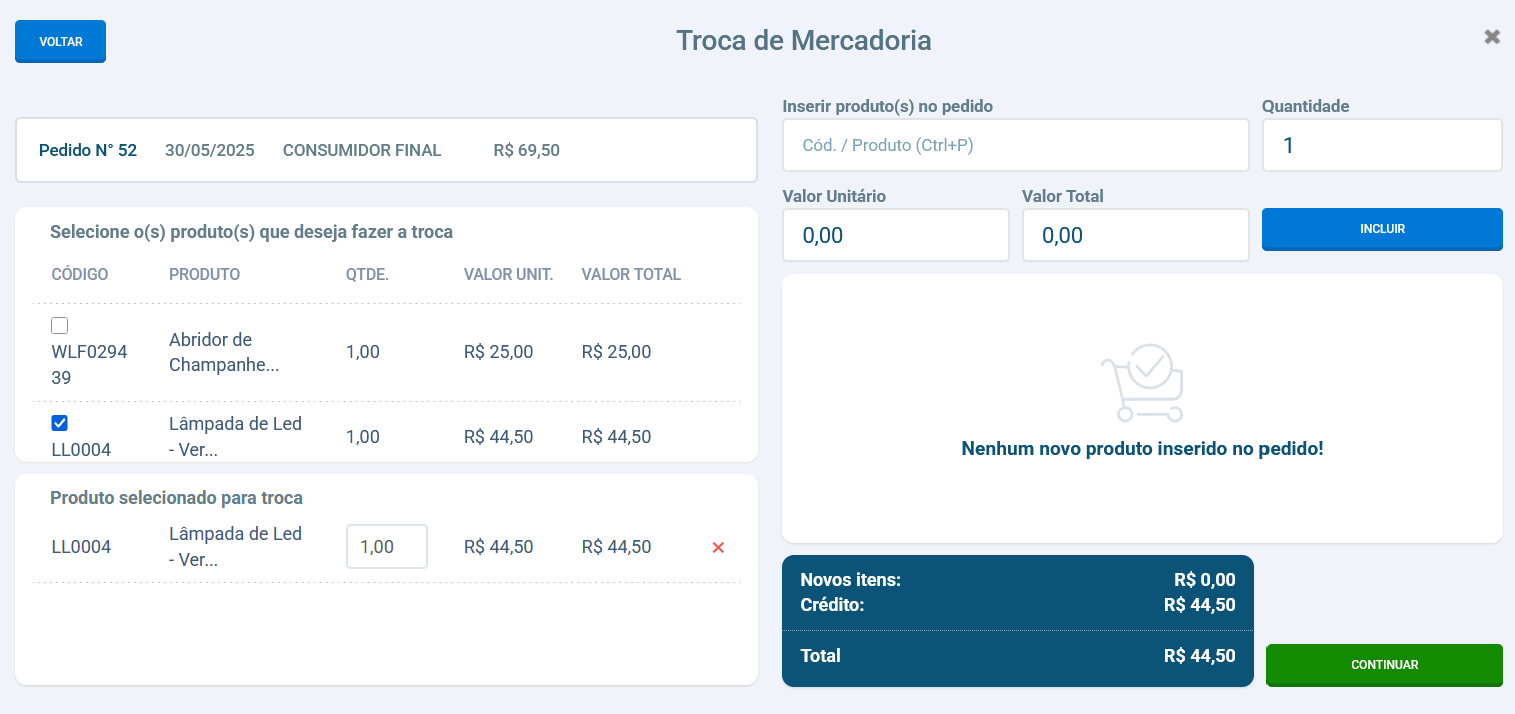 Tela de troca com valor superior
