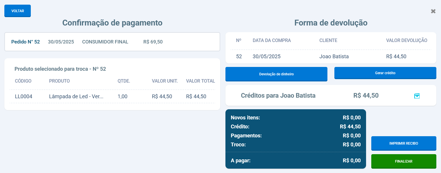 Opção para gerar crédito na troca