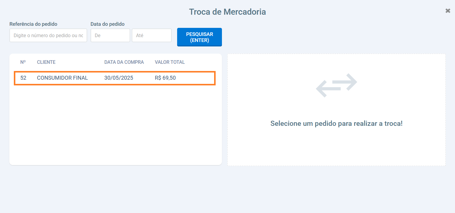 Tela de pesquisa de vendas no PDV