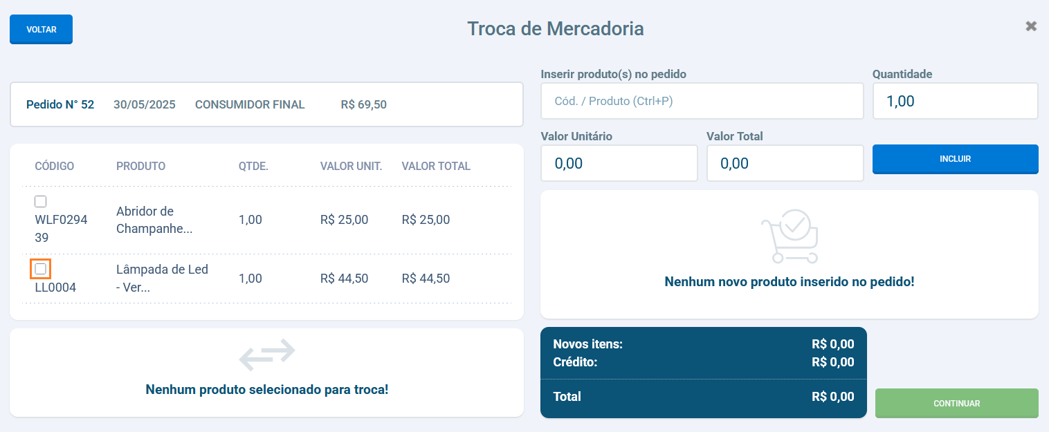 Tela de seleção de produtos para troca