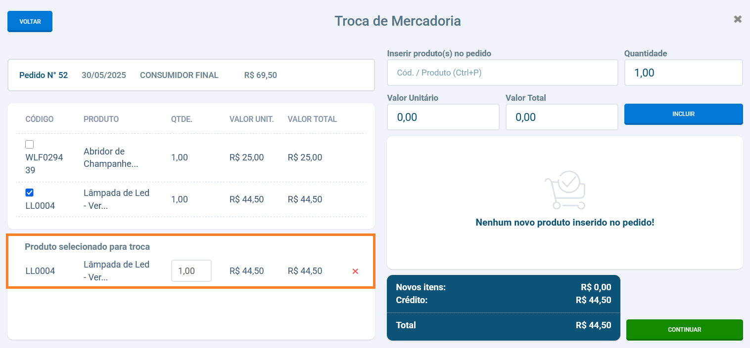 Produto selecionado para troca em destaque