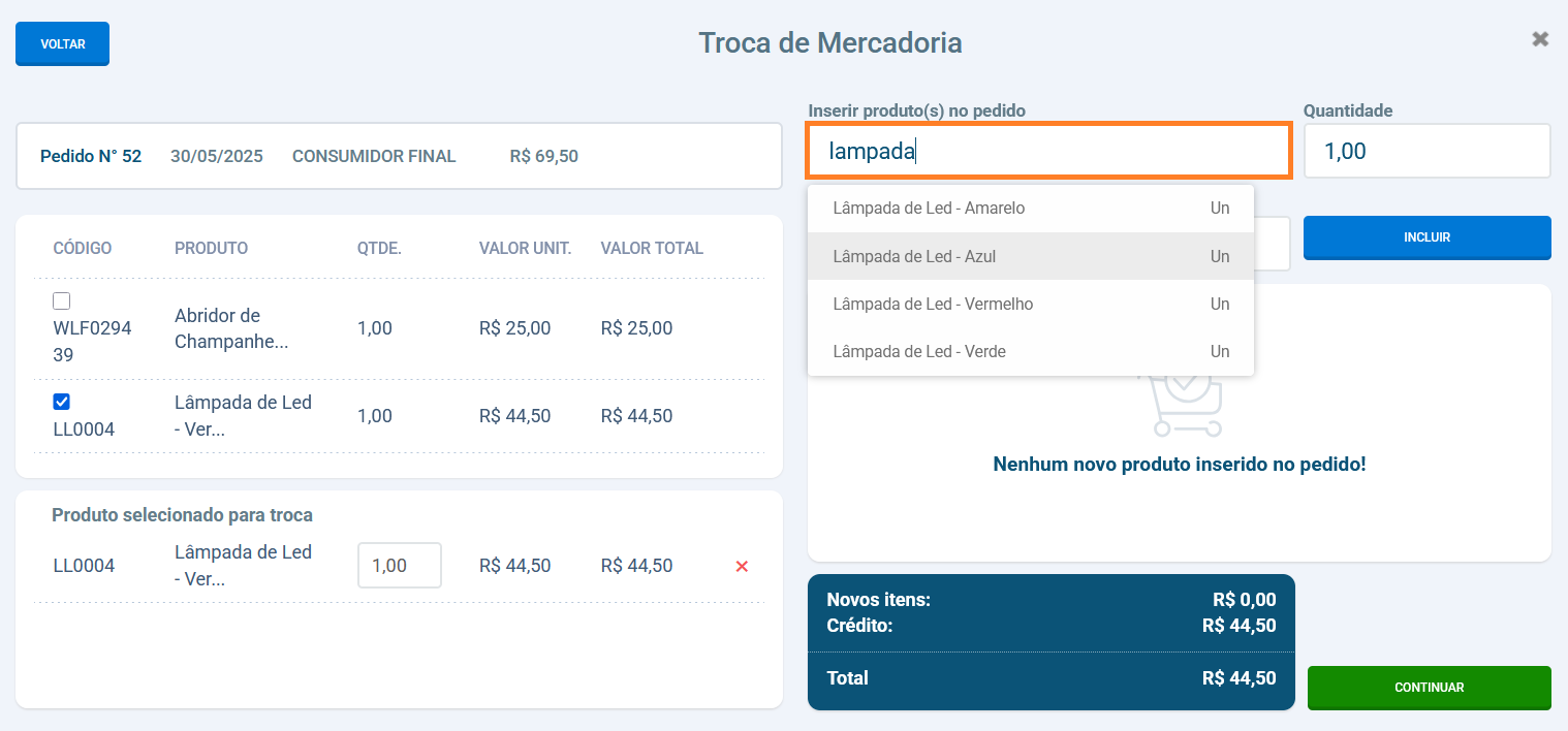 Resumo de valores na troca