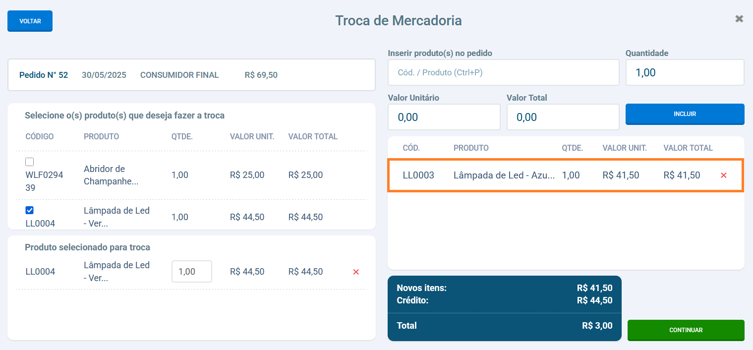 Inclusão de novo produto na troca