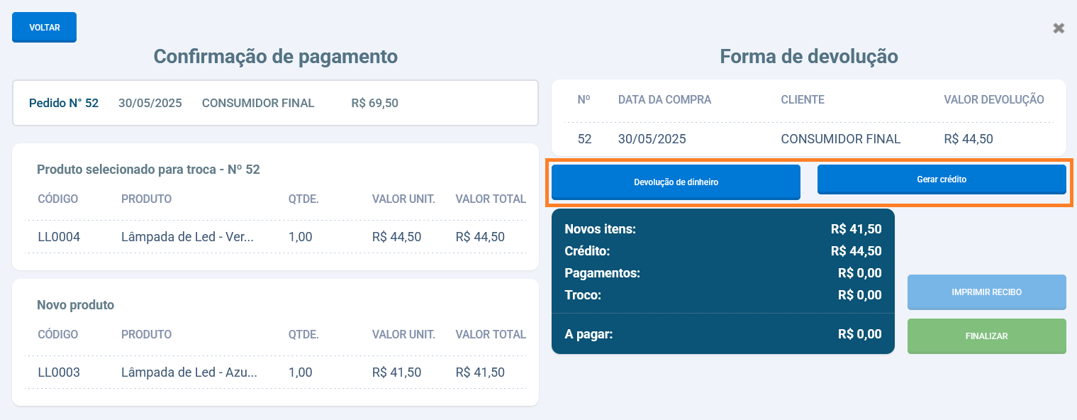 Resumo final da troca antes de confirmar