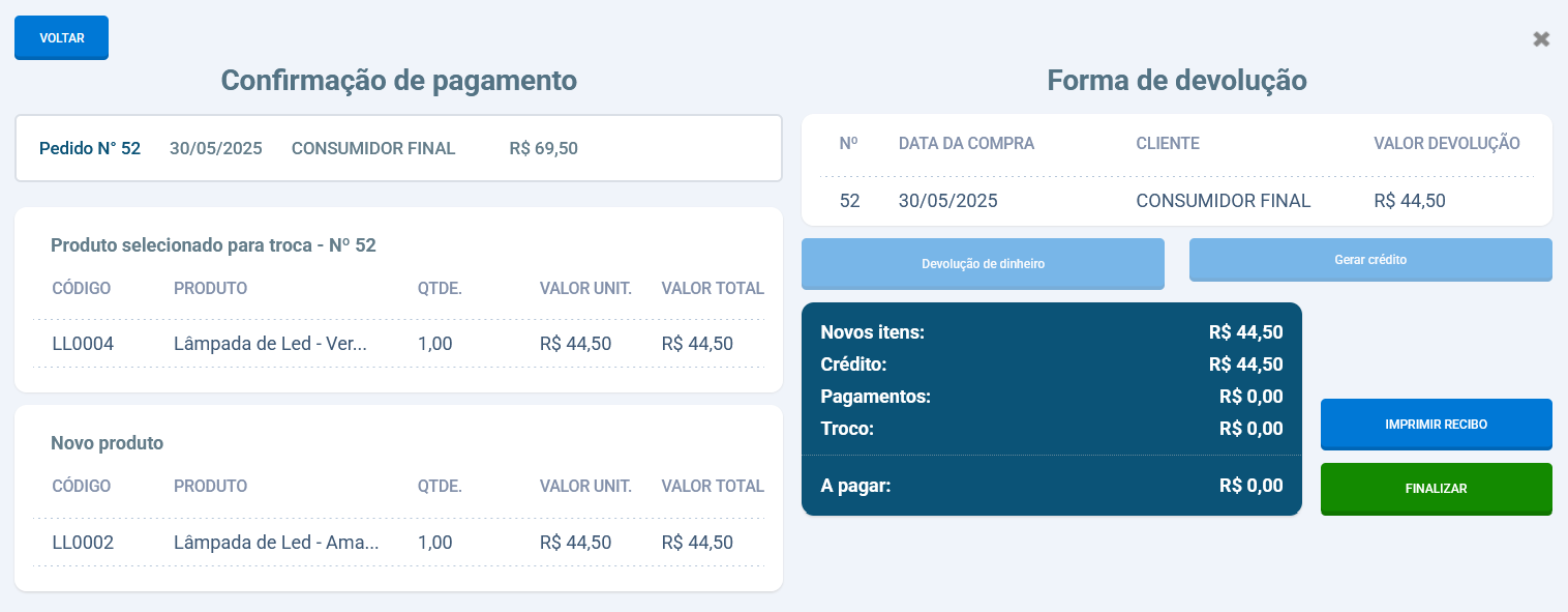 Tela de troca com mesmo valor