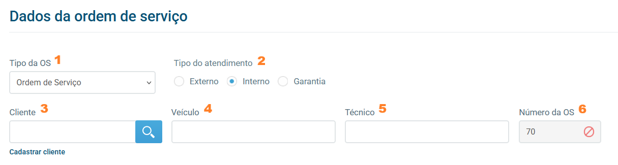 Campos iniciais da ordem de serviço