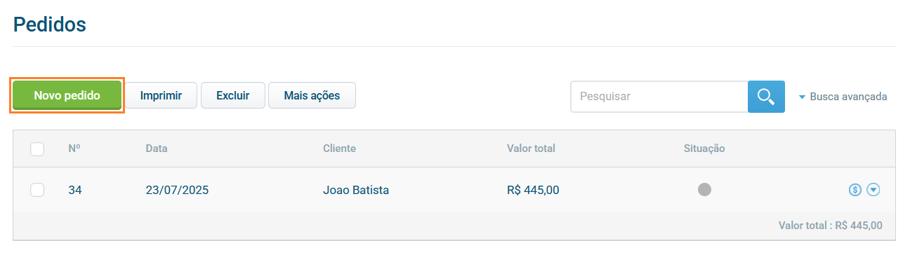 Tela inicial do menu de pedidos mostrando o botão 'Novo pedido'