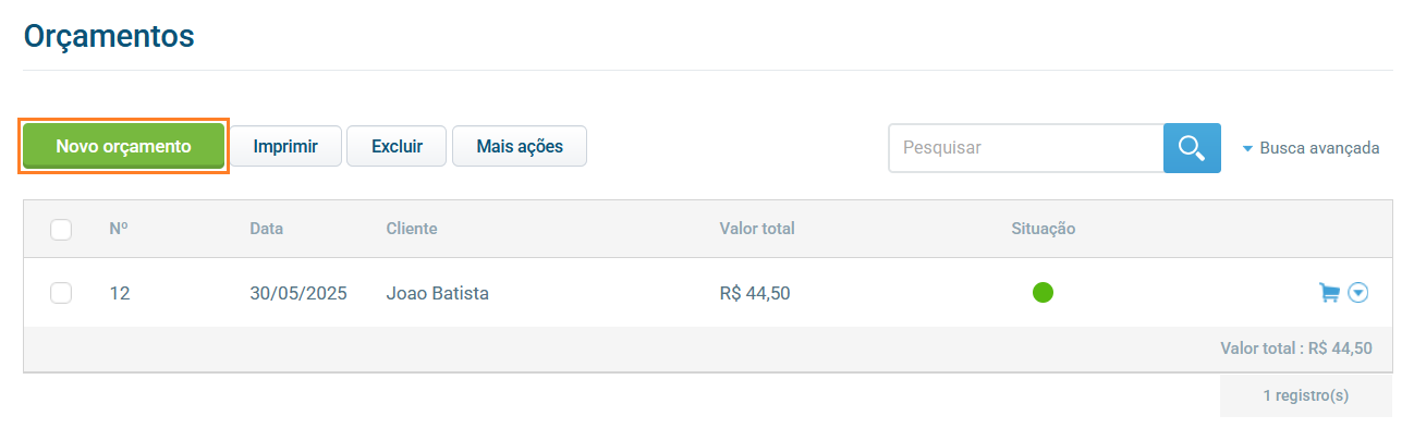 Tela do menu de orçamentos mostrando o botão 'Novo orçamento'