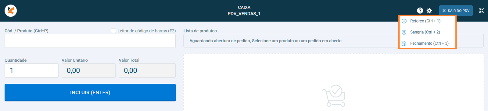 Menu de configurações do PDV