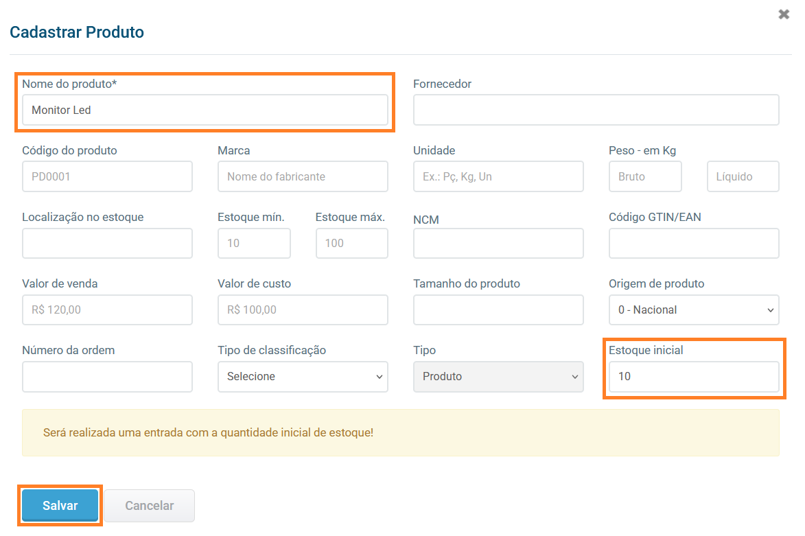 Formulário de cadastro de novo produto