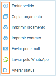 Menu de ações para orçamentos