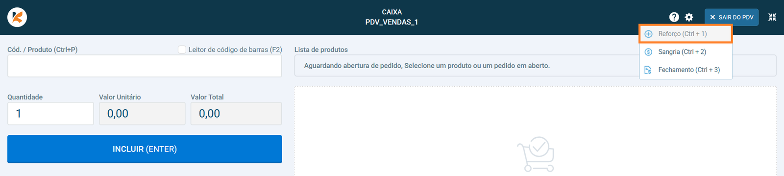 Menu com opção de reforço