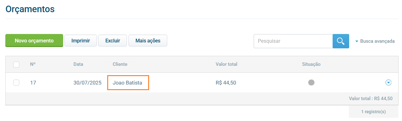 Exemplo de visualização de um orçamento específico