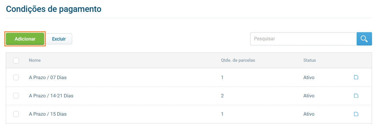 Tela de condições de pagamento com botão Adicionar