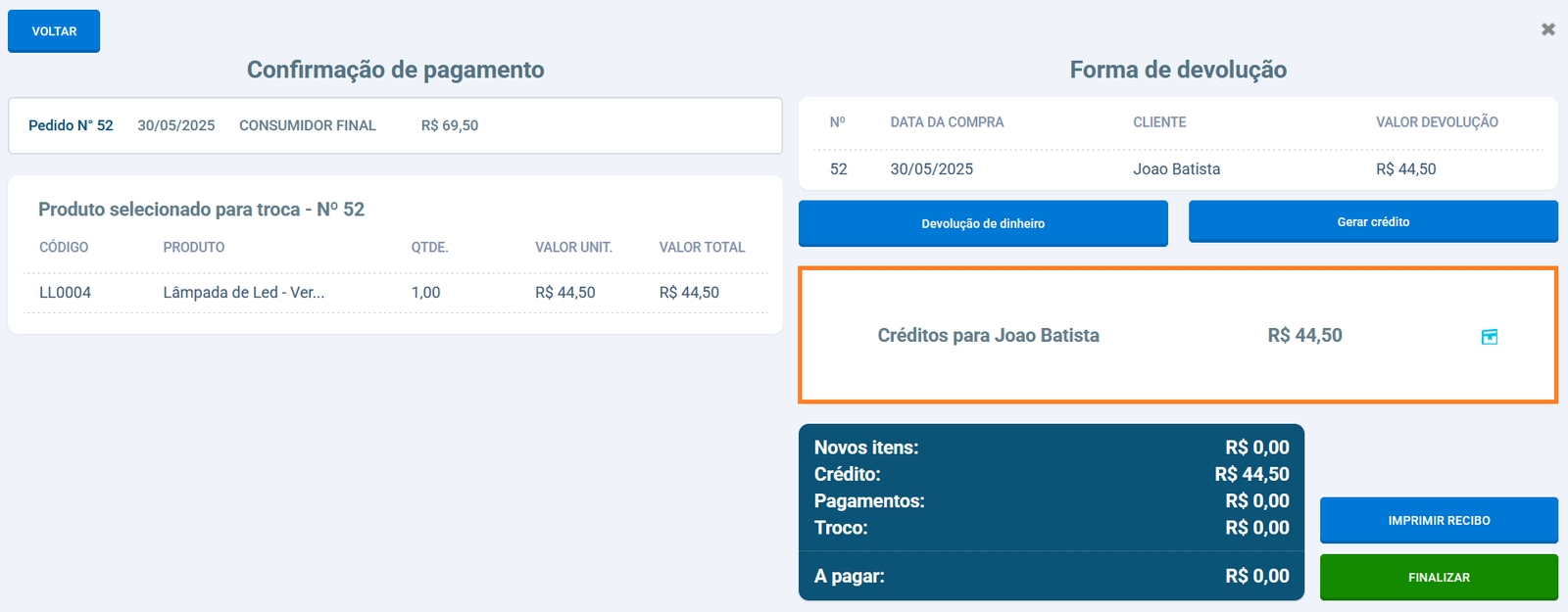 Cliente referenciado na troca