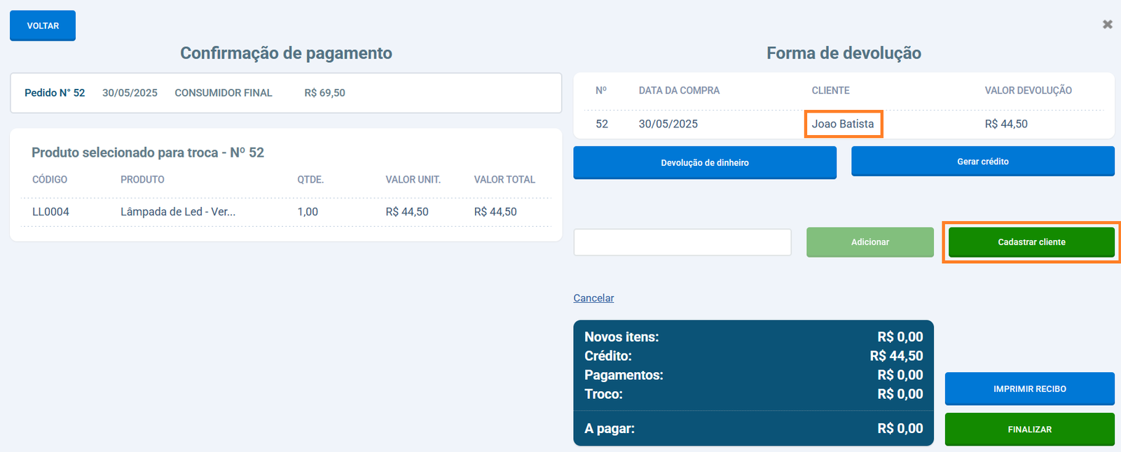 Opções de cliente na tela de crédito